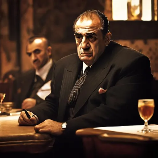 Prompt: Sicilian mafioso sitting at a table 