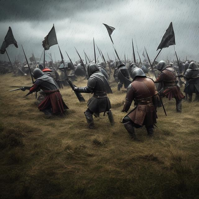 Prompt: Medieval battlefield in rain