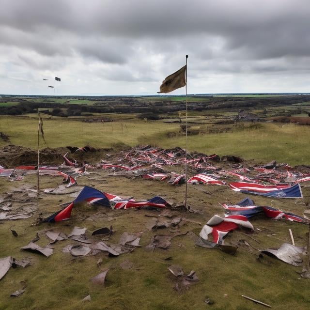 Prompt: Aftermath of medieval battle battlefield. Muddy and bloody. Flags sticking out of ground 