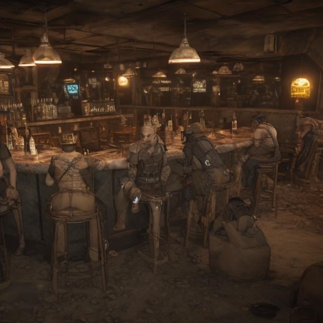 Prompt: Wasteland bar. Mercenaries sitting around 