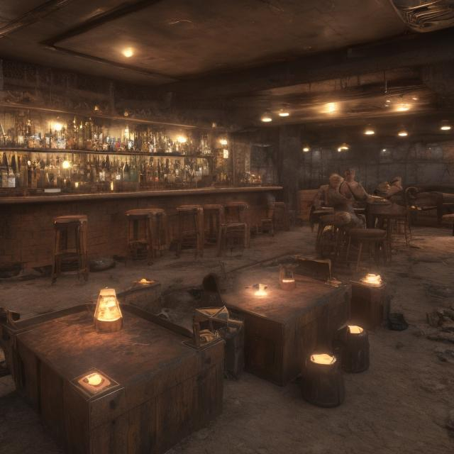 Prompt: Wasteland bar. Mercenaries sitting around 