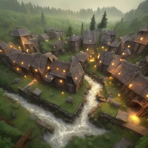 Prompt: Medieval Village in the forest with a river. Quiet and spooky
