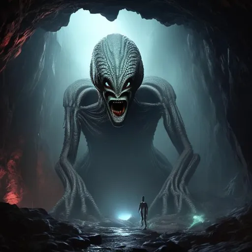 Prompt: Giant alien monster in cave