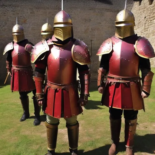 Prompt: Medieval soldiers. Red and gold Armour 