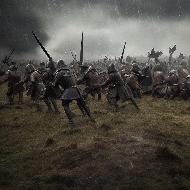 Prompt: Medieval battlefield in rain