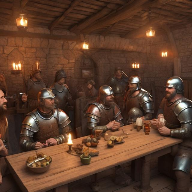 Prompt: Medieval tavern with warriors