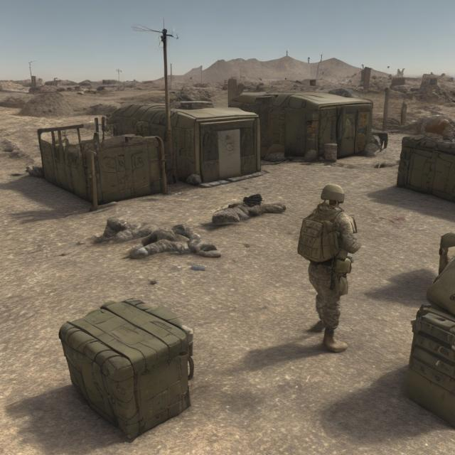 Prompt: Army checkpoint in wasteland. Futuristic 