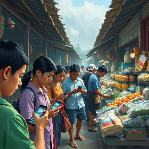 Prompt: A rural Filipino market full with distracted people using smartphones while shopping and selling goods in the art style of Fernando Amorsolo.