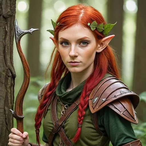 Prompt: Red haired wood elf ranger