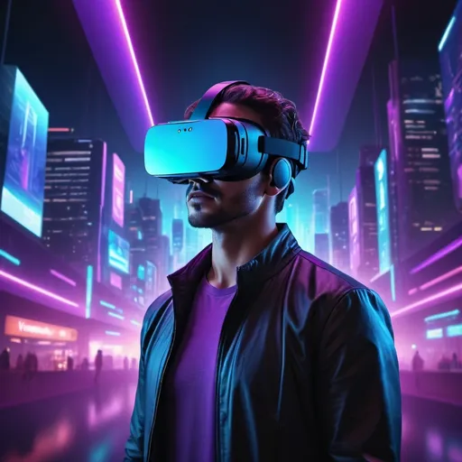 Prompt: A man using a smart technology VR headset facing slightly up, futuristic art, photorealistic, ultra-detailed, vibrant color tones, neon blues and purples, high-tech atmosphere, advanced virtual reality interface, holographic elements surrounding the man, immersive and fantastical setting, futuristic cityscape in the background, sleek modern design, cinematic lighting, dynamic composition, 4K quality.