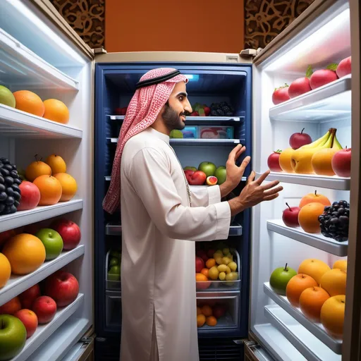 Prompt: (Arabic man), wearing traditional clothing, reaching for fruit inside a fridge, vibrant colors, warm lighting, inviting atmosphere, shop background with shelves stocked with assorted fruits, high detail, ultra-realistic, lively mood, capturing cultural essence and everyday life scene, shopping environment, fresh produce displayed aesthetically.