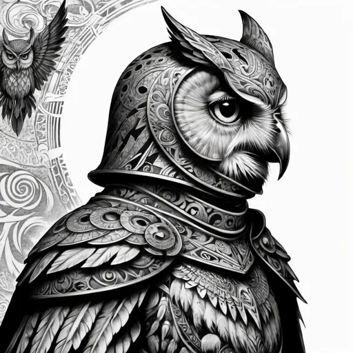 Prompt: knight in horse, cape tribal owl, black and white, detailed, elaborate, profile, tattoo like, face towards, compas background,  cape with drawing owl
