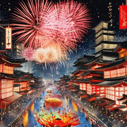 Prompt: Fireworks festival in Japan at night, traditional kimono, vibrant food stalls, colorful fireworks, festive atmosphere, high quality, vibrant colors, traditional art style, starry night sky, atmospheric lighting, Japanese culture, traditional attire, night festival, dynamic scene, detailed fireworks display, lively crowd