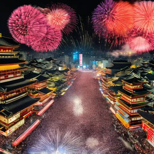 Prompt: Fireworks festival in Japan at night, traditional kimono, vibrant food stalls, colorful fireworks, festive atmosphere, high quality, vibrant colors, traditional art style, starry night sky, atmospheric lighting, Japanese culture, traditional attire, night festival, dynamic scene, detailed fireworks display, lively crowd