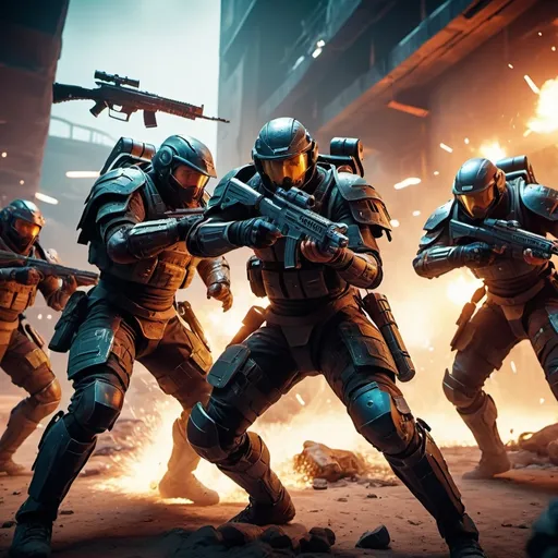 Prompt: (dramatic Game perang scene), vibrant colors, intense action, players engaged in fierce combat, futuristic weapons and armor, intricate background with a war-torn environment, dynamic poses, high energy and momentum, immersive atmosphere, (high detail) 4K resolution, cinematic quality, intense lighting and shadows, emphasizing strategy and teamwork.