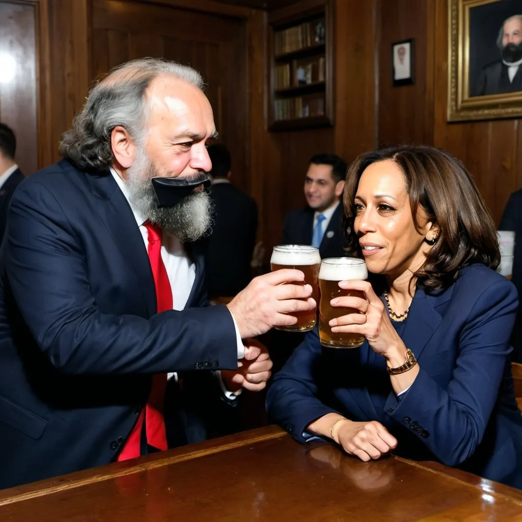 Prompt: Kamala Harris drinking a beer with Karl Marx


