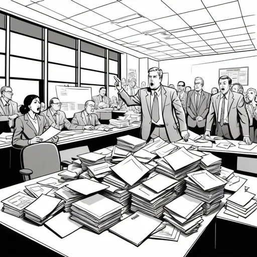 Prompt: Draw a coloring page that depicts. Government Reform: Depict a chaotic scene at a government office, with paperwork piled high, confused bureaucrats, and a sign that says "Simplify!" with an arrow pointing nowhere.