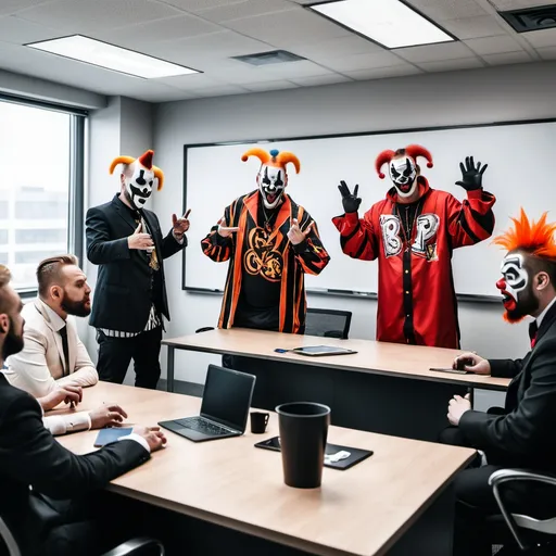 Prompt: Insane Clown Posse doing a  Marketing Power Point presentation in an office