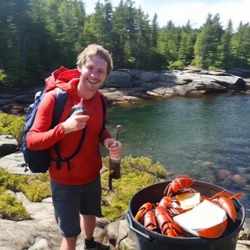 Prompt: Backpacking in Maine eating gian lobster butter