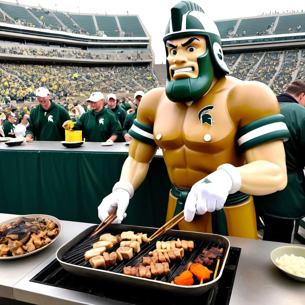 Prompt: Sparty cooking Hibachi  while at the Michigan state versus Michigan football game