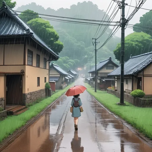 Prompt: A girl passing the farm road in heavy rain in Ghibli style anime 