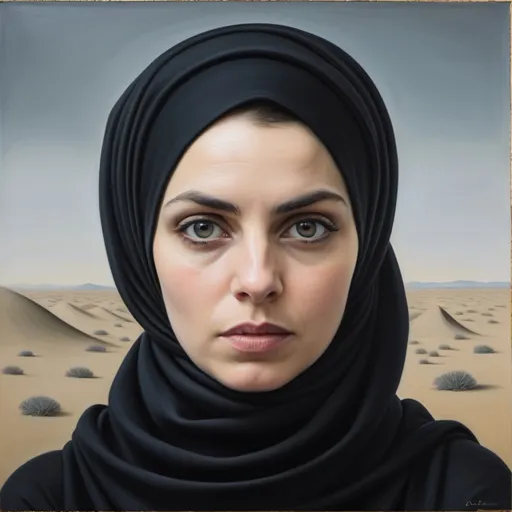 Prompt: a woman wearing a black scarf and a headscarf is looking at the camera with a serious look on her face, Dulah Marie Evans, dau-al-set, professional photo, a surrealist painting