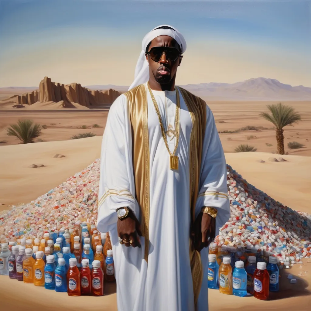 Prompt: Oil Painting Portrait of P.Diddy, dressed as an Arab Sheik, standing, background is a desert and a huge pile of baby oil bottles, warm colours