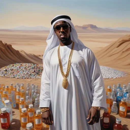 Prompt: Oil Painting Portrait of P.Diddy, dressed as an Arab Sheik, standing, background is a desert and a huge pile of baby oil bottles, warm colours