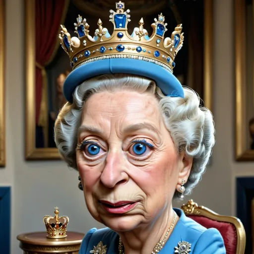 Prompt: a statue of queen elizabeth the queen of england wearing a crown and a blue dress with gold trimmings, Caroline Lucy Scott, hyperrealism, extremely detailed oil painting, a photorealistic painting