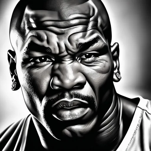 Prompt: Realistic digital painting of Mike Tyson, intense and powerful expression, black and white, high definition, hyper-realistic, professional, dramatic lighting, boxing legend, muscle definition, iconic tattoo, focused gaze, detailed facial features, expert artwork, high quality, highres, black and white, intense, realistic, dramatic lighting