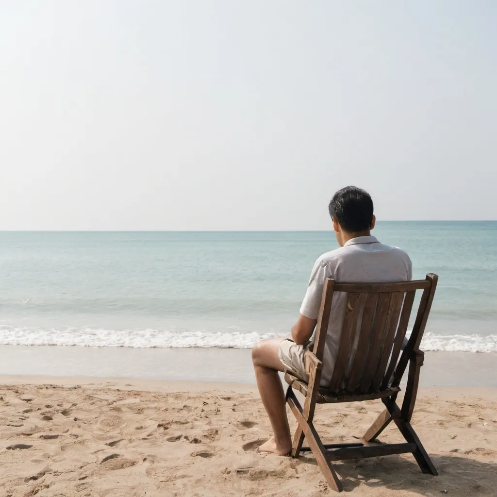 Prompt: A men sitting on wooden chair
In beach lookig to sea