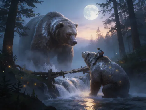 Prompt: long cinematic fantasy video set in an ancient misty forest at dawn and twilight. A lone man walks through tall trees as fog drifts slowly around him. The ground trembles as a gigantic, unusually wide bear emerges from the mist. The bear has massive width, thick silver-brown fur, calm ancient eyes, and a gentle but powerful presence. The man and the bear face each other silently, tension turning into trust. The bear walks beside the man and blocks a broken wooden bridge over a roaring river with its wide body. The man climbs onto the bear’s broad back, and the bear carefully carries him across the dangerous river. Water crashes below, moonlight reflects on the bear’s fur, fireflies glow in the air. On the other side, the bear kneels, the man steps down in gratitude, and the bear slowly fades back into the fog. Ultra-realistic cinematic fantasy style, smooth camera movement, dramatic lighting, volumetric fog, emotional storytelling, high detail, film-quality visuals, epic yet gentle mood.