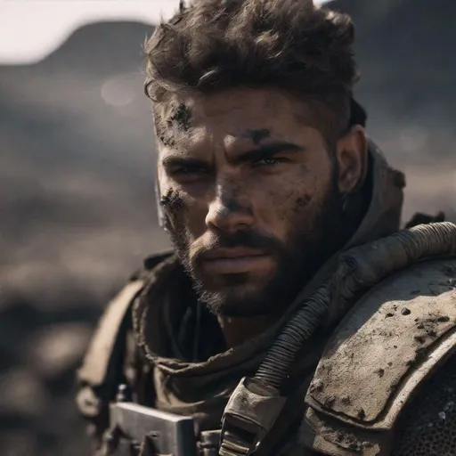 Prompt: 4k, facing the camera, a close-up of a male wasteland warrior, dirt and grime covering his face, a scar over his left eye