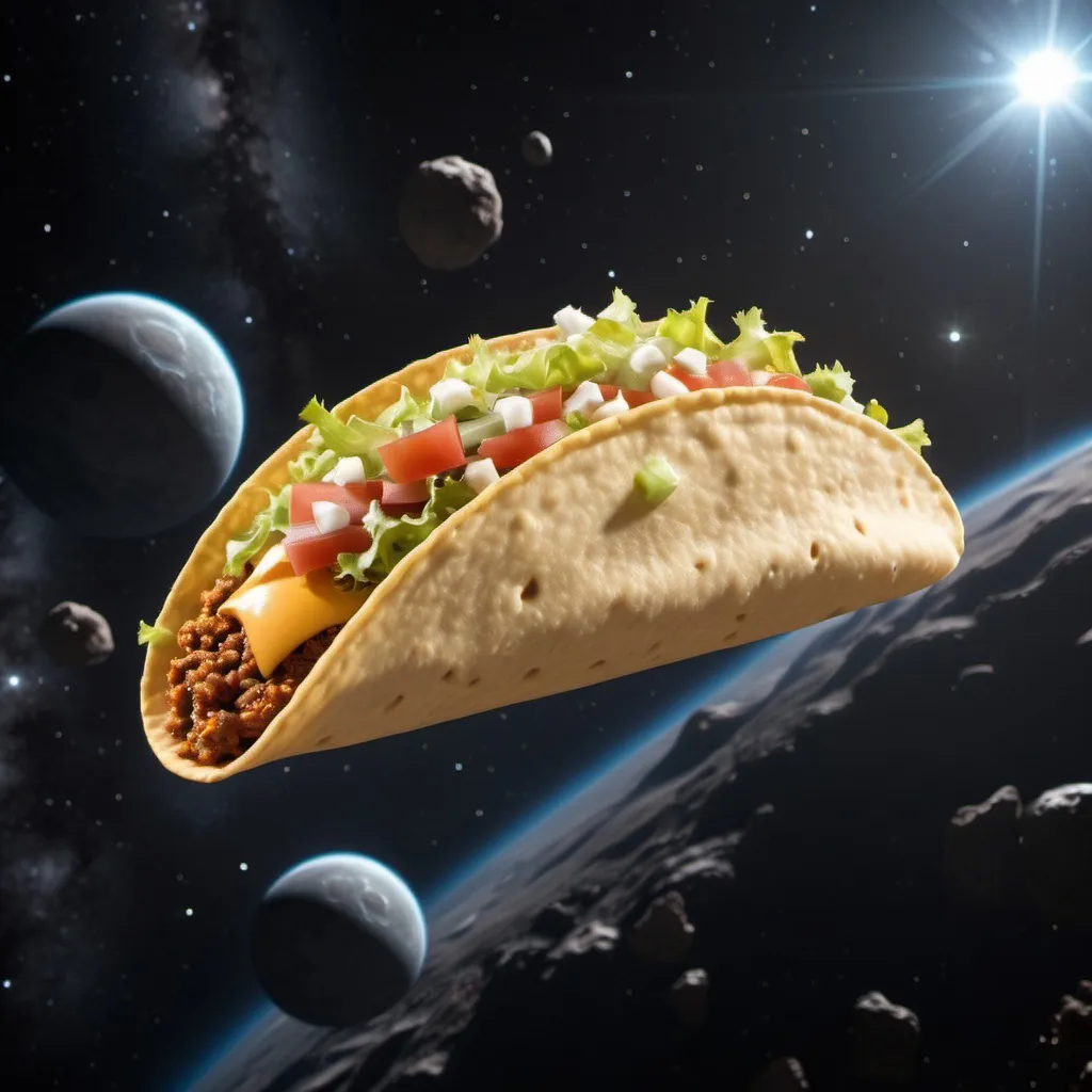 Prompt: a crunchy taco floating through the endless void of space, an asteroid field in the distance