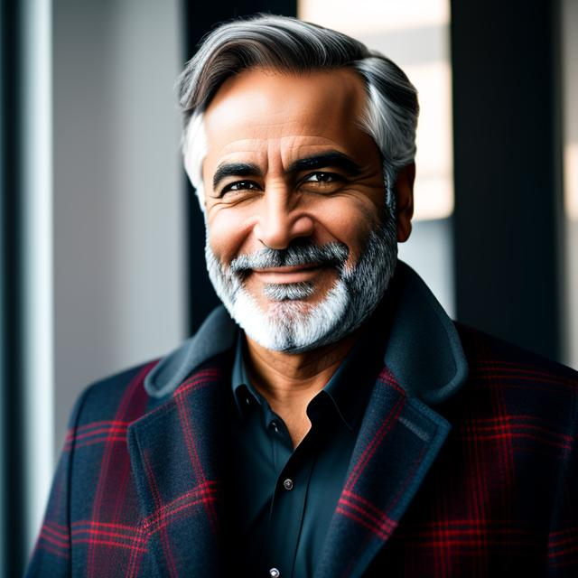 Prompt: a middle aged man, graying hair, wearing a black plaid coat