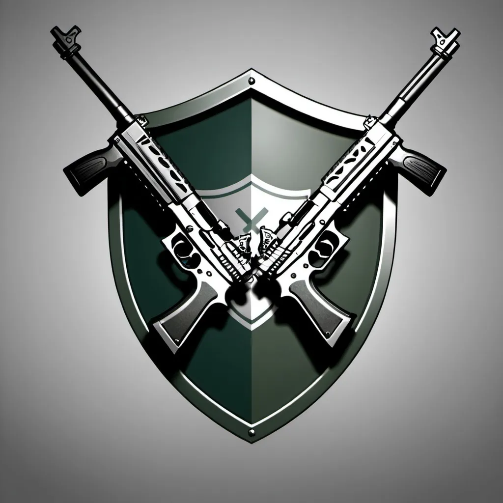 Prompt: Create a logo with 2 rifles and a shield. The two rifles are pointing outwards from the edges of the shield. Have the guns cross.