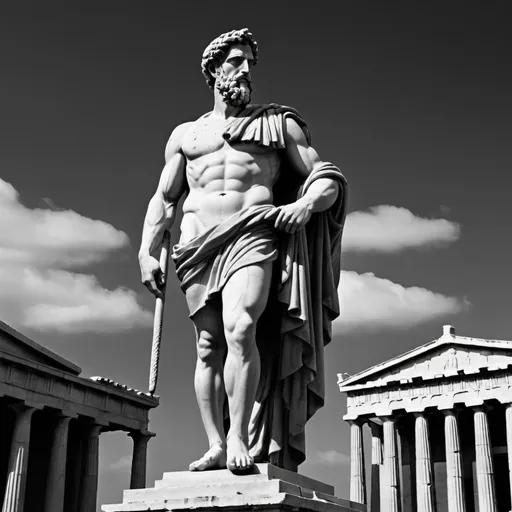 Prompt: "A dark landscape image of an ancient greek society deeply connected to stoicism, black and white, ancient greek architecture, include one single big statue of a stereotypical strong greek man, marcus aurelius --ar 16:9 --style G4JuqKlERum6vZGYhO9USsL"
