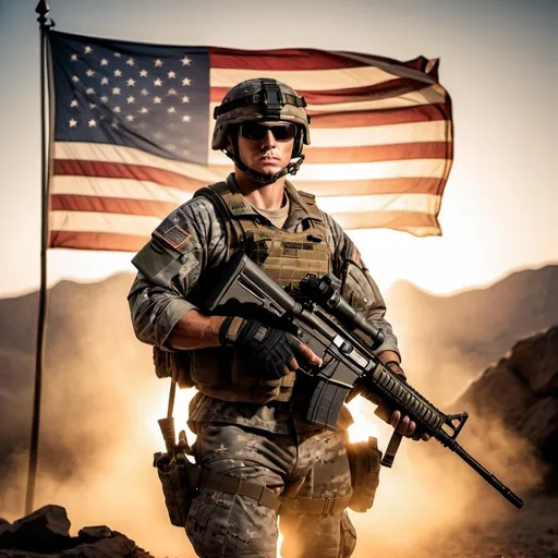 Prompt: Full body epic image of a confident US ARMY Ranger Soldier, full combat gear, dark glasses, oversized american flag waving in background at sundown, sunlight shine through mad magazine style