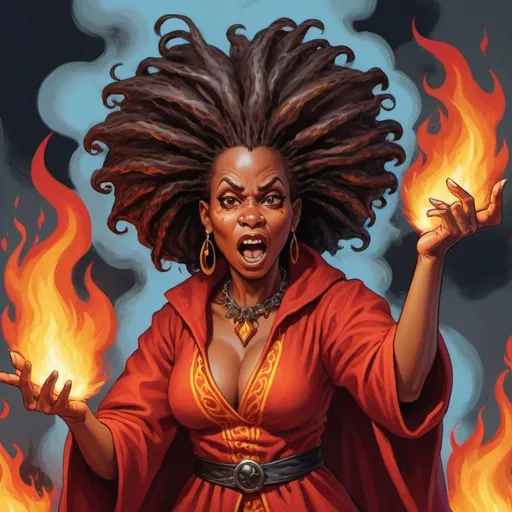 Prompt: A firemage African American sorceress with flames for hair, conjuring an inferno with magical gestures amidst a modern day background, in the style of mad magazine