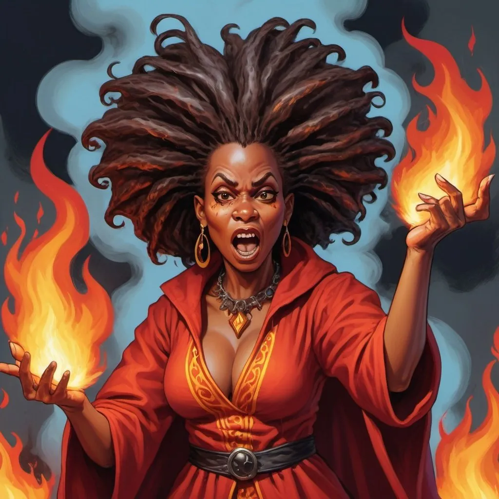 Prompt: A firemage African American sorceress with flames for hair, conjuring an inferno with magical gestures amidst a modern day background, in the style of mad magazine