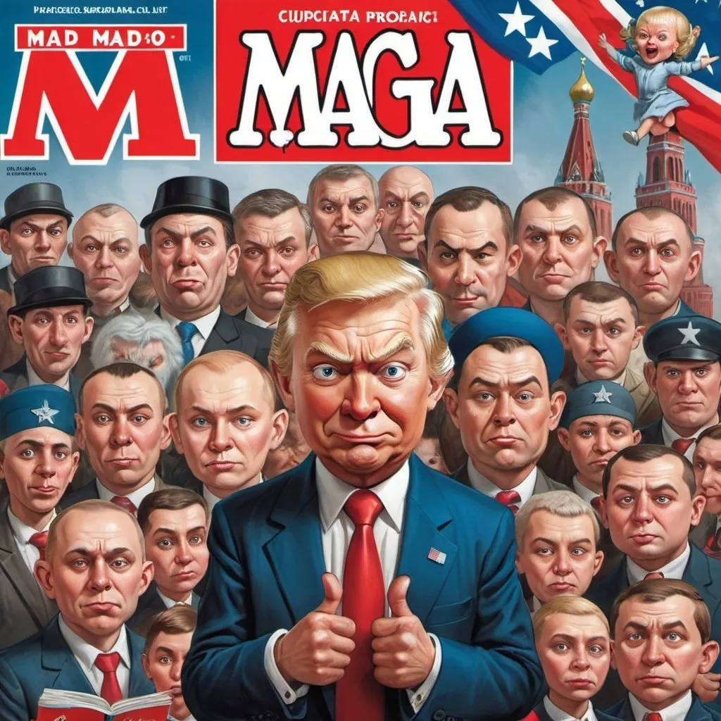 Prompt: MAGA cult propaganda effort with Russian overtones Slavic format in style of mad magazine