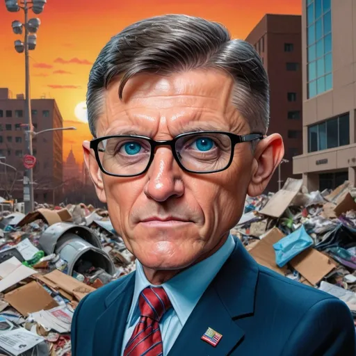 Prompt: Hyper real image of LTG Michael Flynn, eye glasses, russian FSB Building as background, at sundown, in garbage pail kids Style
