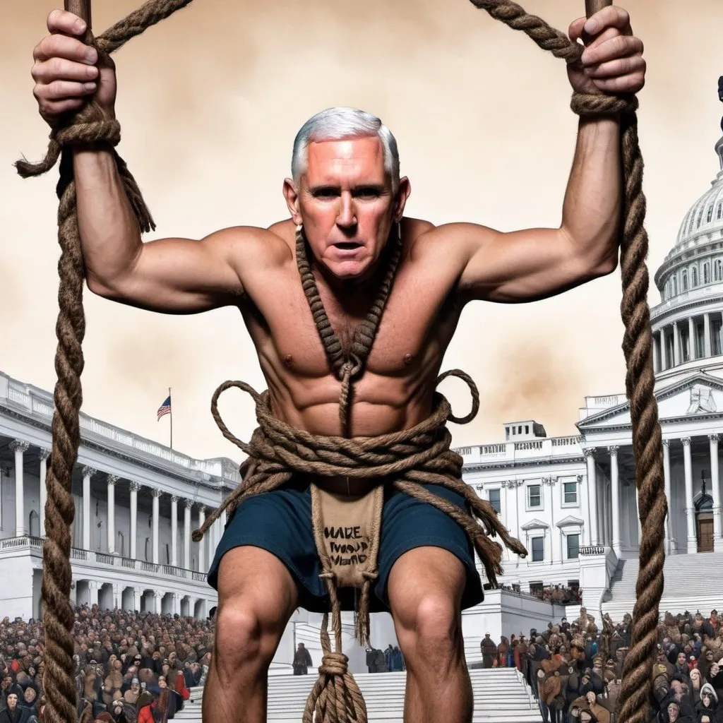 Prompt:  Epic image of qannon shaman, Mike Pence, background of Capitol January 6, wooden gallows with noose, in style of mad magazine