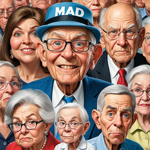 Prompt: a variety of senior citizens upset social security, Medicaid, and Medicare revoked  In Style of mad magazine
