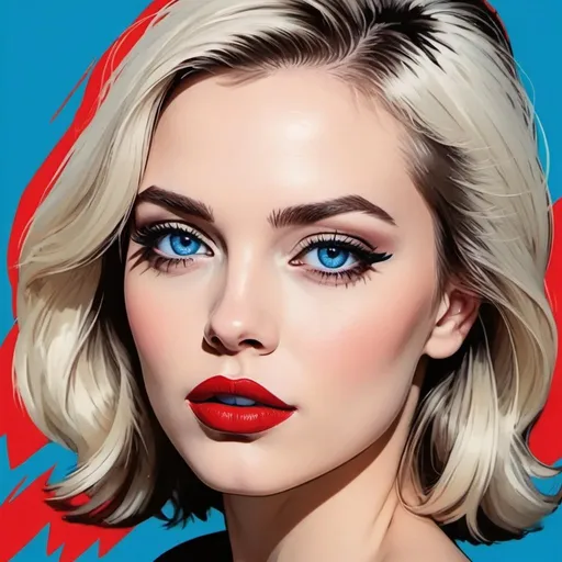 Prompt: Profile image of woman, striking features, blue eyes, red lipstick, pop art style