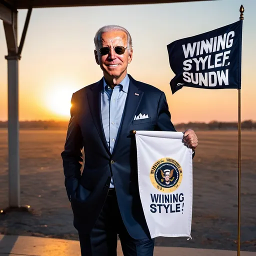 Prompt: Full body image of a confident Joe biden dark aviator glasses with a large banner reading “Winning” at sundown Brandon style