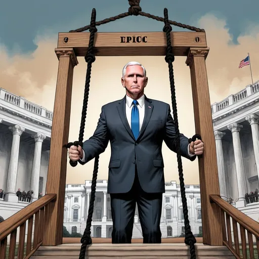 Prompt:  Epic full body image of Mike Pence, background of Capitol January 6, wooden gallows with noose, in style of mad magazine