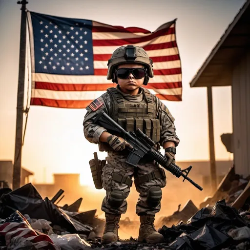 Prompt: Full body epic image of a confident US ARMY Ranger Soldier, full combat gear, dark glasses, oversized american flag waving in background at sundown, sunlight shine through, in the style of garbage pail kids
