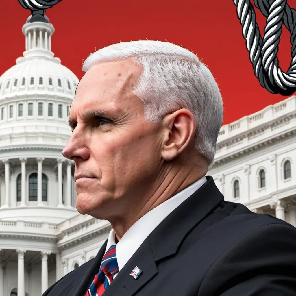 Prompt:  close up profile image of Mike Pence, background of Capitol January 6, gallows with noose, in style of mad magazine