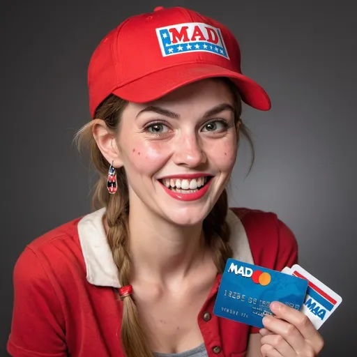 Prompt: slender hillbilly, female MAGA supporter , pimples, and plain red cap, hold credit cards in both hands, sneaky smile on face in mad magazine style